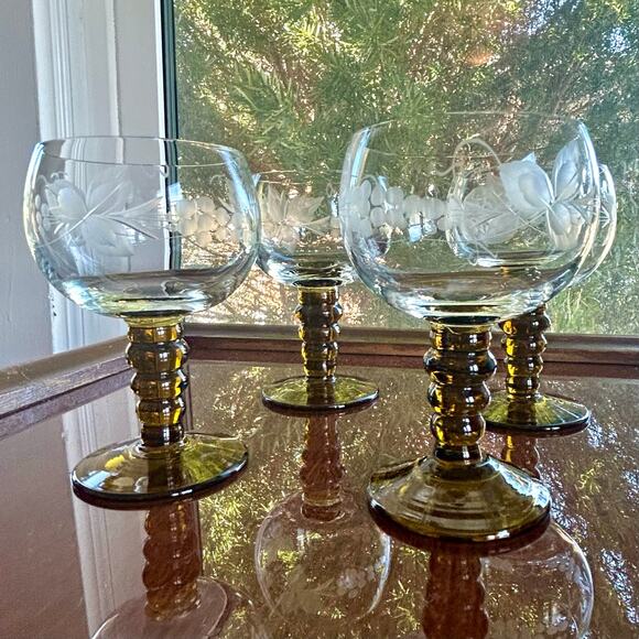 Vintage Roemer Rhine Wine Glasses, Engraved Grapevine, Olive Green Stem set of 4 - Picture 1 of 10